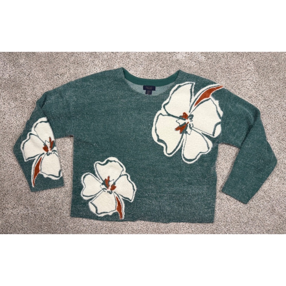 Rachel Rachel Roy Sweater Floral Eyelash Knit XL Teal Green Crew Neck Pullover